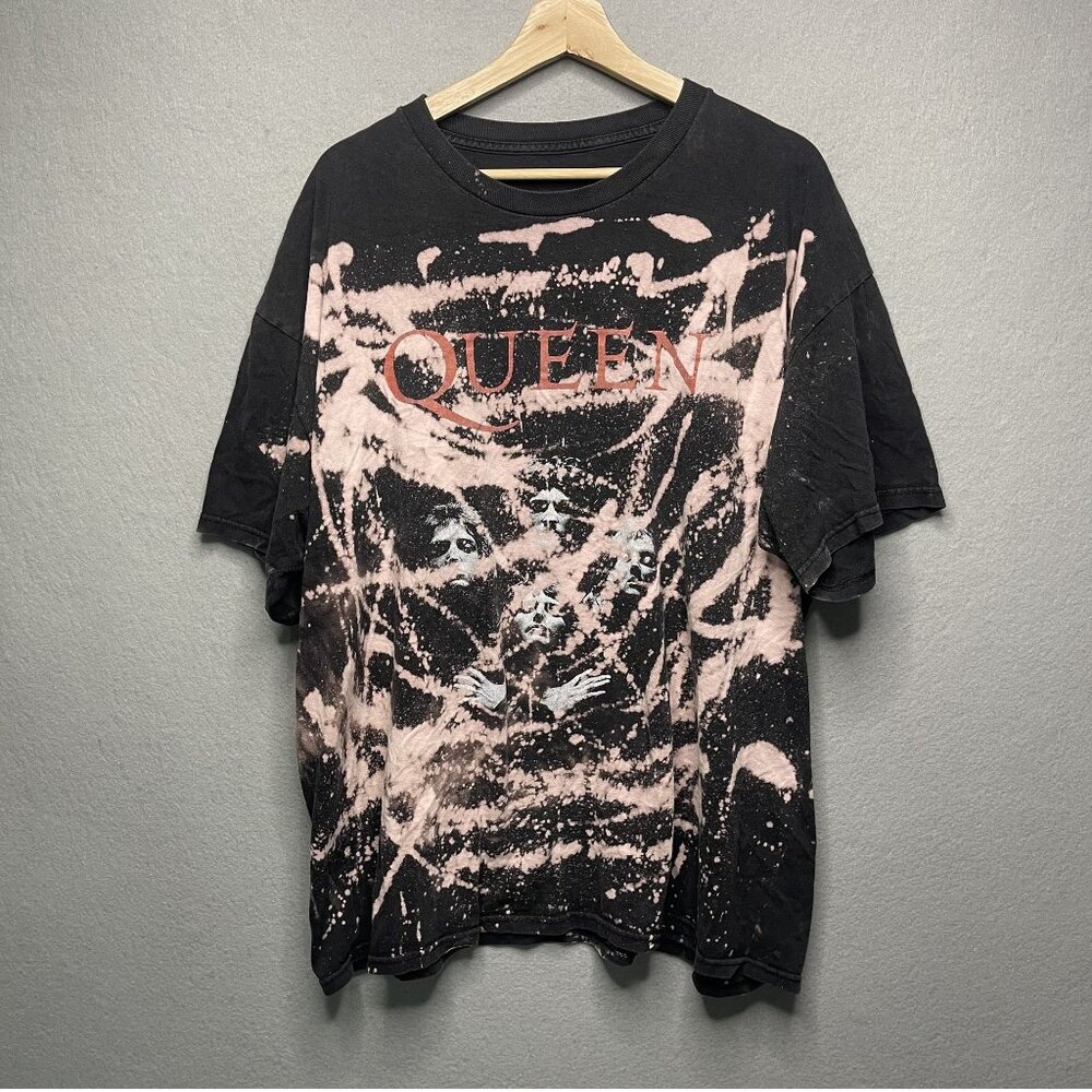Queen Band Graphic Bleach Splatter T-Shirt Black & Pink Unisex Rock Tee Size XL